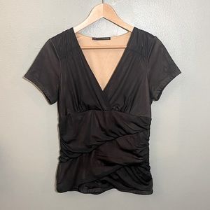 Mesh Cinched Layered Wrap Blouse